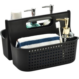 Haundry Portable Shower Caddy Basket, Divided Plastic Cleaning Caddy Organizer, 2 Compartments Large Storage Tote with Handle for Bathroom, College, Dorm Room Essentials (Black)