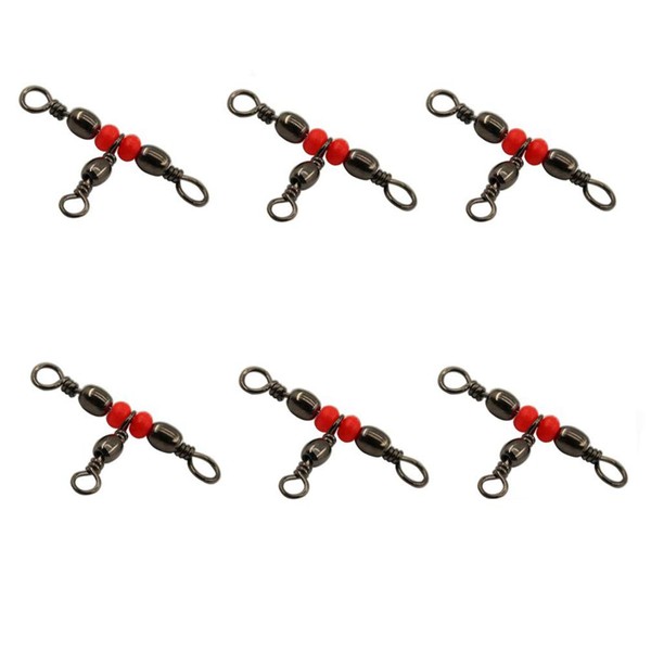 SILANON 3 Way T-Turn Barrel Swivels Fishing Tackle,40pcs Brass Barrel Triple Swivel Cross Line 3 Way Barrel Fishing Connector with Red Fishing Beads for Freshwater Saltwater Test 20-100LB