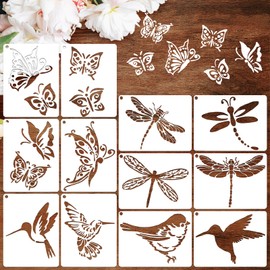 JSRQT 12Pcs Spring Stencils for Painting on Wood Craft Canvas Walls,Hummingbird Butterfly Dragonfly Drawing Template, Reusable DIY Home Decor Craft Stencil,5.6 x 4.1”