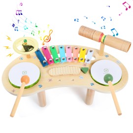 Asweets 7 in 1 Kids Drum Set for Toddlers Wooden Xylophone Musical Instruments Kit Play Set for Toddler Baby Drum Set Montessori Toys Sensory Toys Birthday Gifts for Girls Boys