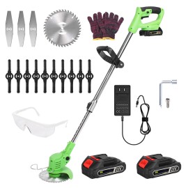 21V 300W Battery Cordless Grass Trimmer Lawn Mower 18000M/Min 2 Stainless Steel Blades 10 Plastic Blades 2 Batteries GlovesPower Source: Battery