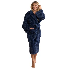 OHS Womens Ribbed Fleece Dressing Gown, Super Soft Warm Comfy Hooded Oversized Fleece Bath Robe with Pockets Luxurious Navy Dressing Gown For Adults, One Size