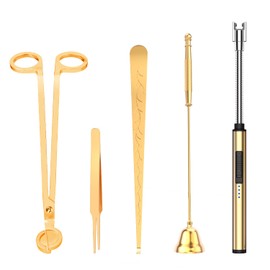 Juego de accesorios de vela 5 en 1, cortador de mecha de vela, dispensador de mecha de vela, encendedor de vela recargable, pinzas, kit de cuidado de velas de acero inoxidable, regalo para el hogar para aromaterapia (dorado)