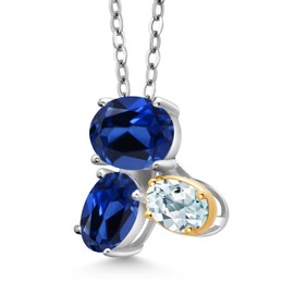 925 Silver and 10K Yellow Gold Blue Created Sapphire and Sky Blue Aquamarine Pendant Necklace For Women (3.10 Cttw, Oval 8X6MM, 7X5MM and 6X4MM, Gemstone September Birthstone, with 18 Inch Chain)