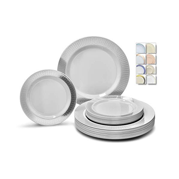 " OCCASIONS" 120 Plates Pack,(60 Guests) Heavyweight Premium Wedding Party Disposable Plastic Plates Set -60 x 10.5'' Dinner + 60 x 7.5'' Salad/Dessert (Diamond White & Silver)