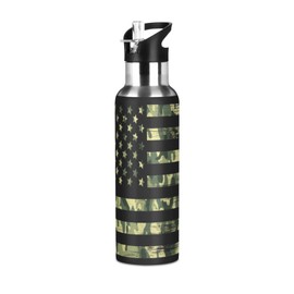 Kcldeci Camouflage American Flag Sports Water Bottle 20 Oz Straw Lid Leak Proof Vacuum Insulated Stainless Steel Water Bottles Hot Cold Double Walled Thermo Mug Tumbler Travel Cup