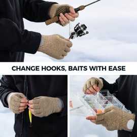 KastKing Bully Wooly Fingerless Wool Fishing Gloves, Cold Weather Warm Glove for Ice Fishing, Winter Gloves for Women & Men, Khaki, Small/Medium