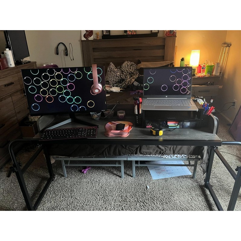 Overbed Table with 360° Wheels, Queen Size Mobile Bed Desk,