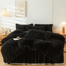 ERLOXO Fluffy Black Faux Fur Comforter Cover Set Twin，Fluffy Fuzzy Plush Black Bedding 2Pcs (1 Faux Fur Duvet Cover +1 Fuzzy Pillowcases) Black Bed Set Twin(Black, Twin)