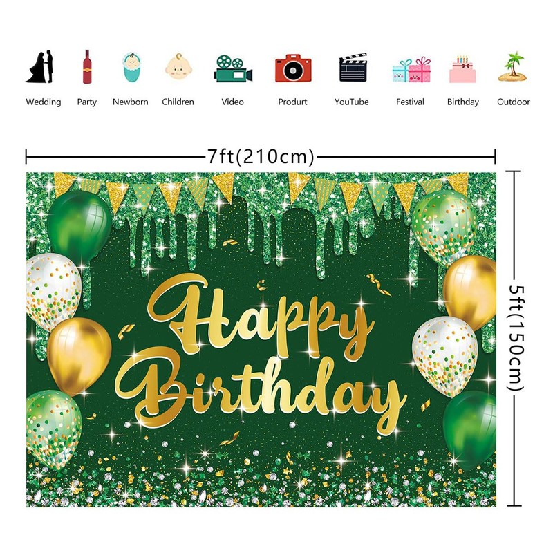 BINQOO Green Gold Birthday Backdrop 7x5ft Gold Happy Birthday Photography