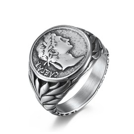 Hoisy Stainless Steel Rings Men's Silver Finger Ring Gothic Caesar Ring Men's Silver Signet Ring Hip Hop Ring Size 54-62, Stainless Steel, No Gemstone