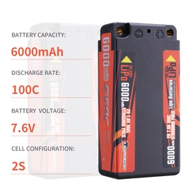 SUNPADOW 7.6V Shorty Lipo Battery 2S 6000mAh 100C Hard Case with 4mm Bullet Connector High Voltage Battery for RC Buggy Truggy Vehicles Car Boat Truck Tank Racing Hobby