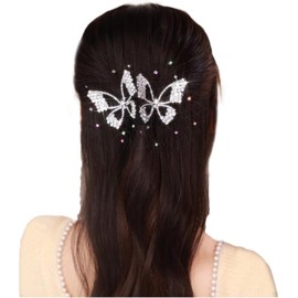Elegant Crystal Butterfly Spring Clips,Women Girl mesh flank Hair Accessories Crystal drill Suitable for weddings and birthday dances (White, One size)