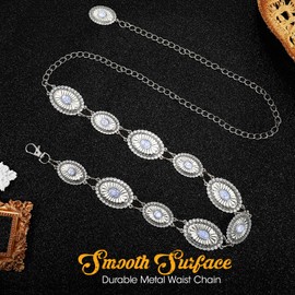 SANSTHS Western Metal Concho Belt for Women, Waist Chain Cowgirl Belt for Dresses Jeans Pants with Silver Chain, white gem M