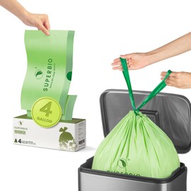 SUPERBIO 4 Gallon Compostable Drawstring Food Scrap Bags,15.1 Liter, 40 Count, 0.9 Mil, Heavy Duty Waste Bags, BPI, Seedling and OK compost INDUSTRIAL