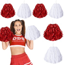 cssopenss 6 Pcs Pom Poms Cheerleading Metal Foil red Pom Poms Cheerleading with Plastic Handles red White Pom Poms for Cheering in Sports Meet Competition Fields and Other Festive Occasions, 30 Grams