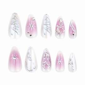 BABALAL Press on Nails Medium Almond Fake Nails Purple Blush Glue on White Sliver Chrome Acrylic Nails 3d Butterfly Texture False Nails Star Charm Y2k Stick on Nails Handmade Stiletto Artificial Nail