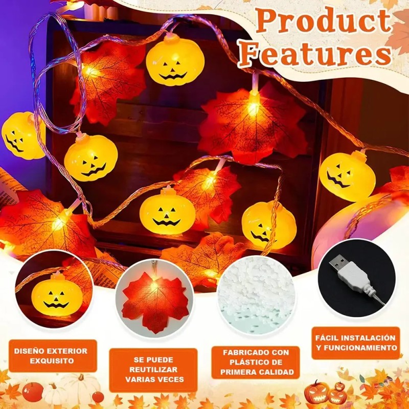 Auxtoo - Halloween Cuerda De Luz 6m 40led Calabaza Hoja