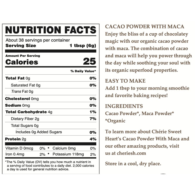 Cherie Sweet Heart Organic Cacao Powder with Maca Pouch, Non-GMO