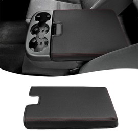 Center Console Cover for 2007-2013 Chevy Silverado Suburban Tahoe & GMC Sierra Yukon, Comfort Vinyl Leather Armrest Lid Cushion Accessories, Jump Seat, Black-Red Stitches