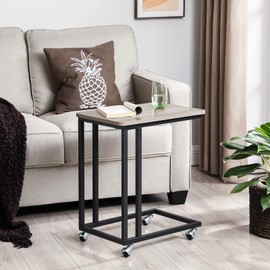 VASAGLE End Table, C Shaped TV Tray with Metal Frame Rolling Casters, Industrial Side Table for Living Room Bedroom, 19.7 x 13.8 x 23.6 Inches, Greige and Black