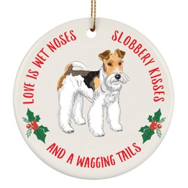 Funny Wire Hair Fox Terrier Clipart Dog Gifts 2024 Christmas Tree Ornaments Love is Wet Noses Circle Ceramic