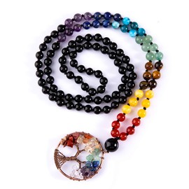 Bivei 108 Mala Beads Necklace Tree of Life 7 Chakra Wrap Bracelet Real Healing Gemstone Yoga Meditation Hand Knotted Mala Prayer Bead Necklace(Black Agate 6mm)