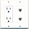 Wallplate City 2 Port CAT5E Ethernet F-F Wall Plate w-Power Outlet White