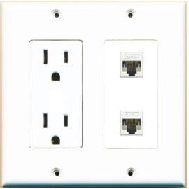 Wallplate City 2 Port CAT5E Ethernet F-F Wall Plate w-Power Outlet White