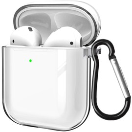 MouyouGlow Transparent Airpods 1/2 Case, Air Pods 1/2 (2019) Case TPC Protective Case with Carabiner, Shockproof LED Visible Wireless Charging Cover for AirPods 1 & 2 Charging Case - Crystal Clear