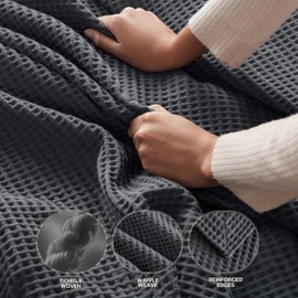 Madison Park 100% Cotton Blanket, Trendy Woven Waffle Weave Design, All Season, Lightweight, Breathable, Soft and Cozy Casual Summer Cover, for Bed, Couch and Sofa, Twin(66 in x 90 in), Dark Grey