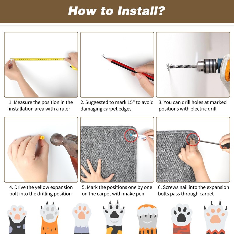 FHTONGE 71x15.8 Thickened Cat Wall Climbing Carpet with 16 Fixed