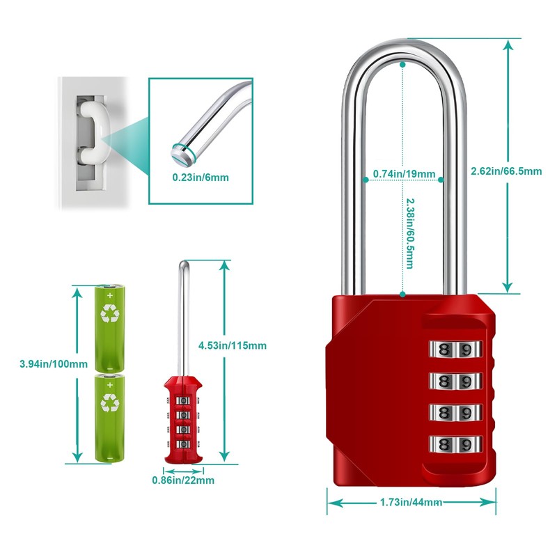 Zhege Red Long Shackle 4 Digit Combination Padlock for Gate,