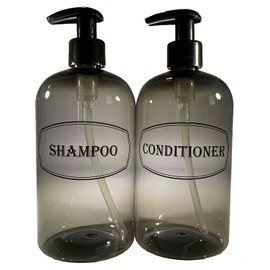 Bottiful Home-16 oz Gray Shampoo and Conditioner Shower Soap Dispensers-2 Refillable Empty PET Plastic Pump Bottle Shower Containers-Printed Design-Waterproof, Rust-Free, Clog-Free, Drip-Free