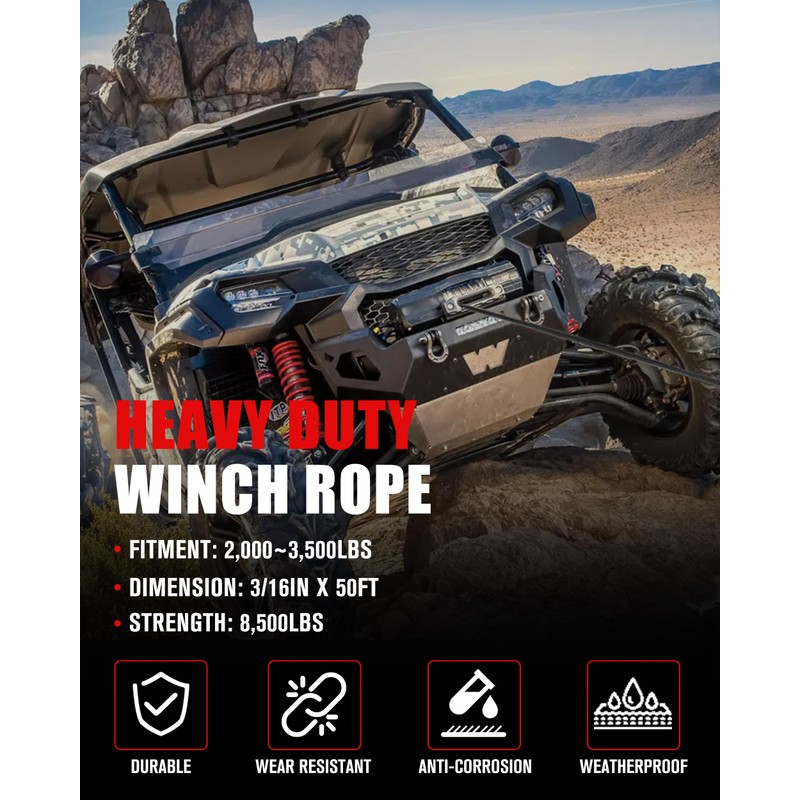 FieryRed 3/16” Winch Rope Cable,50 FT 8500 LBS ATV/UTV Synthetic