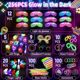 HONLYNE Glow in the Dark Supplies for Kids Adults, Light Up Party Favors, 56 LED Light Up Toys, 100 Glow Sticks Bulk Party Pack DIY Glasses Headbands Necklaces for Neon Party Supplies & Decorations