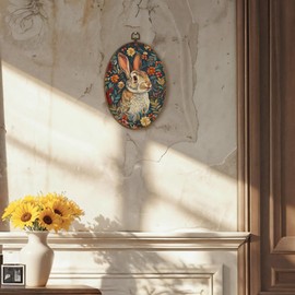 LKETW Floral Bunny Oval Wall Art Decor, Cottagecore Bunny Floral Botanical Oval Canvas Hanging Decor, Rustic Retro Rabbit Wall Decorations for Home Bedroom Living Room, 8.6x11.4 Inch