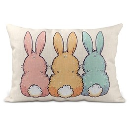 Anonymous Gifting Bunny Tails Cushion cover - Easter, spring, brightly coloured trio of bunny rabbits hand printed on linen-style pillow cover