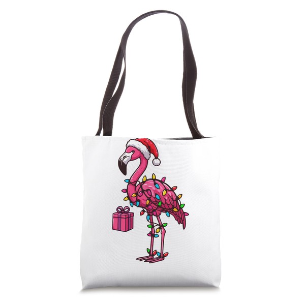 Flamingo Wearing Santa Hat, Holding A Present Box Xmas Tote
