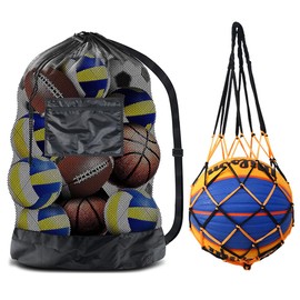 Extra Large Sports Ball Bag Set, Includes Single Netball Bag, 40" x 30" Sports Mesh Ball Bag for Basketballs, Footballs, Volleyballs, Baseball, Heavy Duty Drawstring Bags