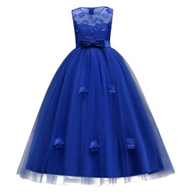 Little Big Girls’Tulle Retro Vintage 7-16T Easter Sunday Dresses Flower Lace Pageant Party Wedding Bridesmaid Floor Length Dance Evening Gowns Royal Blue 8-9 Years