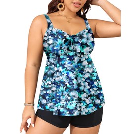 Yonique Plus Size Tankini Swimsuits for Women Tankini with Shorts Two Piece Bathing Suits Flowy Swimwear Blue Floral 22plus