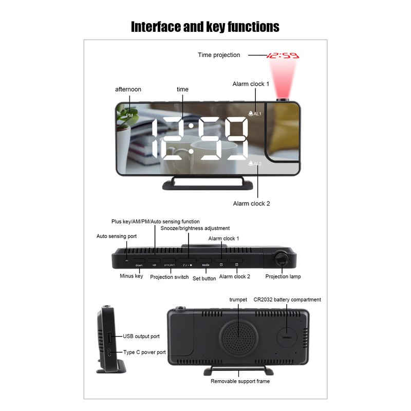 Projection Alarm Clock LED Digital Mirror Alarm Clock Rechargeable 6