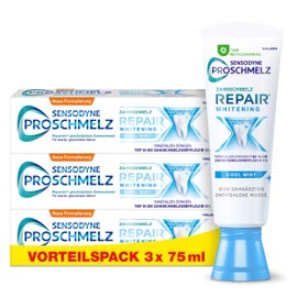 Sensodyne ProSchmelz Repair Whitening Zahncreme, 3x 75ml, tägliche Zahnpasta mit Fluorid, repariert nachweislich durch Säuren geschwächten Zahnschmelz & entfernt Verfärbungen