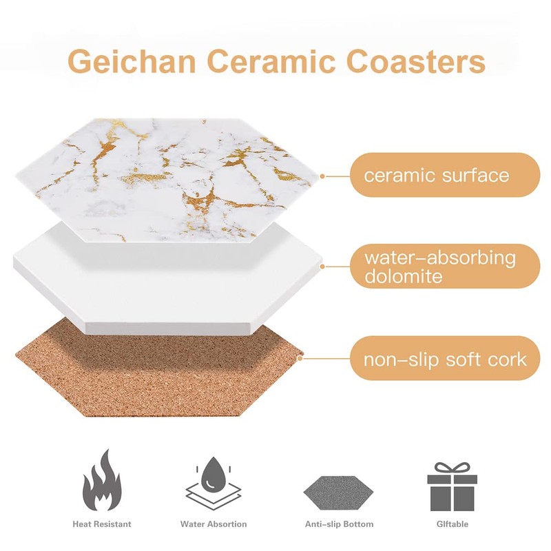 Marble Coasters for Drinks, Gold Coasters for kitchen,6pcs Absorbent Ceramic