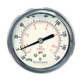 2" Oil Filled Vacuum Pressure Gauge - Stainless Steel Case, Brass, 1/4" NPT, Center Back Mount Connection, 30HG/160PSI