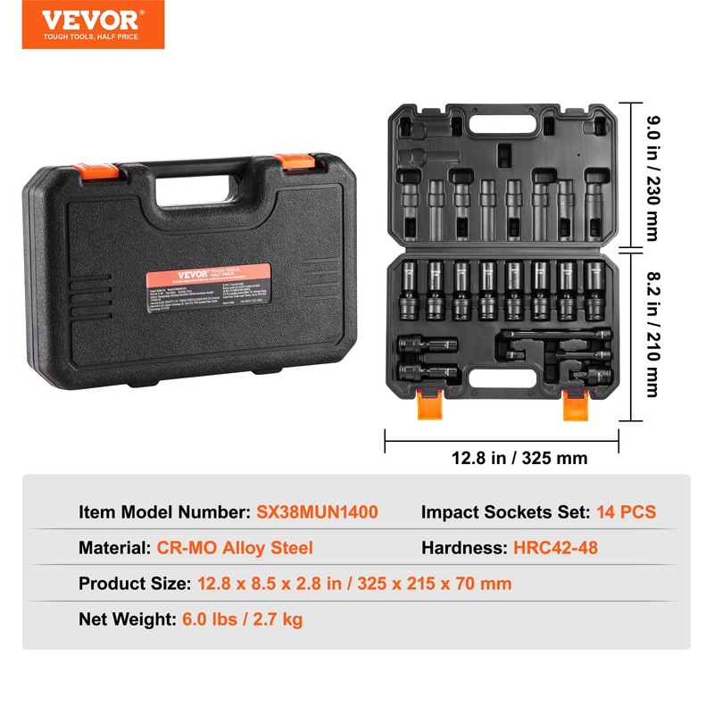 VEVOR 14PCS Universal Impact Socket Set - 3/8" Drive Deep