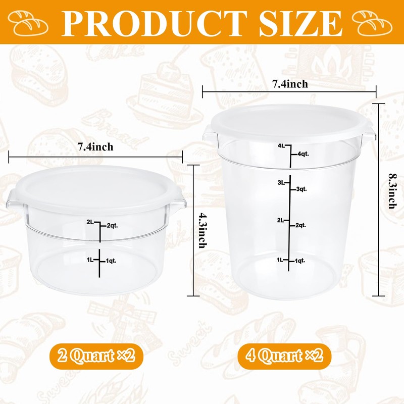 Milkary 4Pcs Food Storage Container with Lids, Clear Round Dough