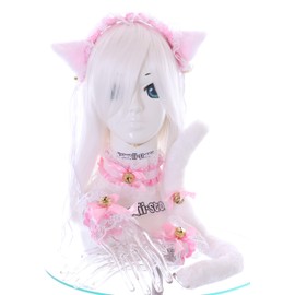 Kawaii-Story C-12-1 White Pink Gothic Lolita Maid Cat Ears Headband Collar Bracelet Tail Set Cosplay