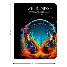 CreaDesign, Children's Certificate Folder with Name, Neon Headphones Motif without Transparent Pockets, A4, 24 x 31 x 1 cm, Black Spine